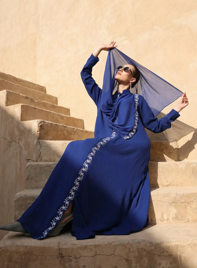 ISHIN  Royal Blue thread embroidered Abaya with Hijab  | Best Price UAE